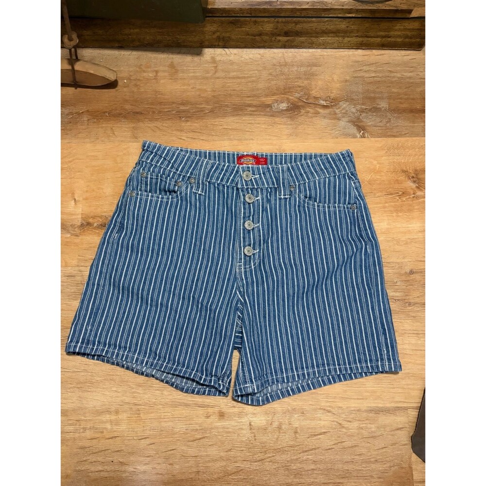 Dickies Blue and White Pinstripe 5 Pocket Button-Fly Denim Mid Rise Shorts